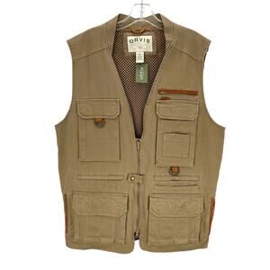 Orvis men’s cotton duck canvas leather trim hunting outdoor multi pockets vest